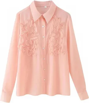 Women's Casual Shirt Lapel Long Sleeves Ruffled Edge Chic Lightweight Street Shirt Tops