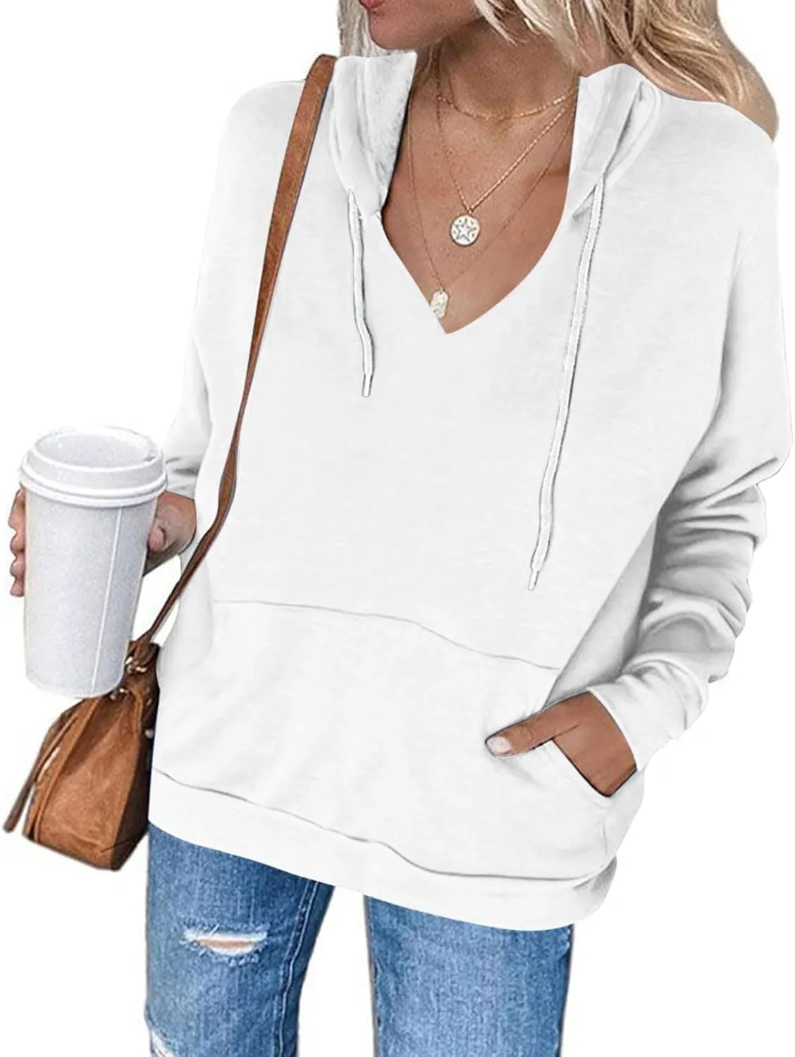 Women's Casual V-Neck Oversized Sweatshirt 2024 Fall Drawstring Loose Solid Long Sleeve Pullover with Pockets