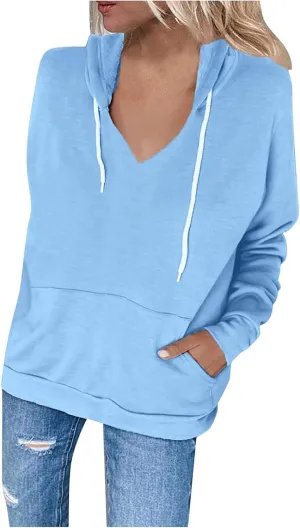 Women's Casual V-Neck Oversized Sweatshirt 2024 Fall Drawstring Loose Solid Long Sleeve Pullover with Pockets