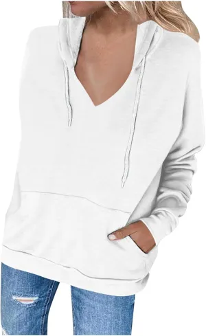 Women's Casual V-Neck Oversized Sweatshirt 2024 Fall Drawstring Loose Solid Long Sleeve Pullover with Pockets