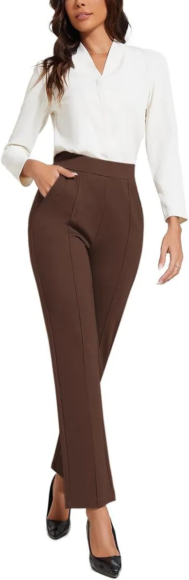 Women's Classic Stretchy Pull On High Rise Pants Straight Leg Slacks
