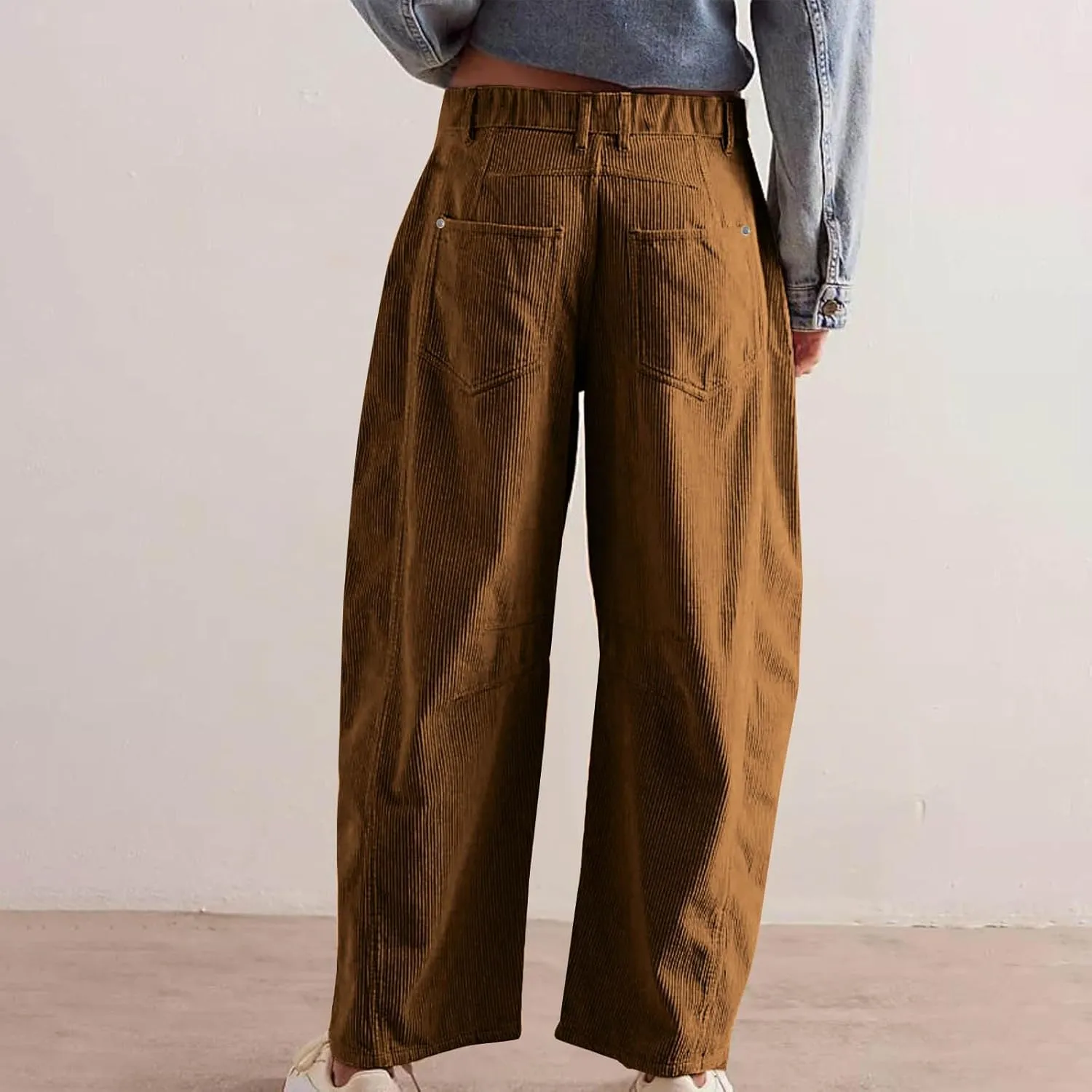 Womens Corduroy Straight Leg Pants Trendy Barrel Button Elastic Waist Trousers Lounge Mid Rise Bottoms with Pockets