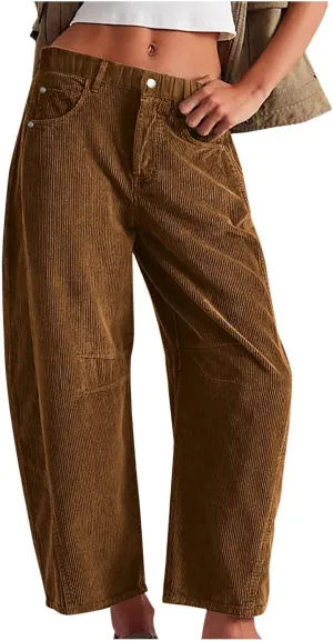 Womens Corduroy Straight Leg Pants Trendy Barrel Button Elastic Waist Trousers Lounge Mid Rise Bottoms with Pockets