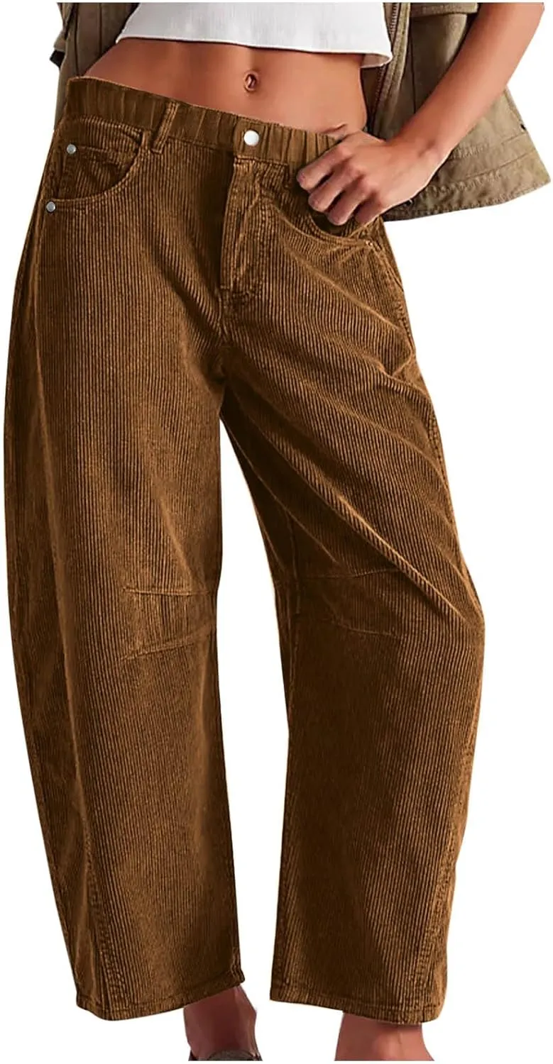 Womens Corduroy Straight Leg Pants Trendy Barrel Button Elastic Waist Trousers Lounge Mid Rise Bottoms with Pockets
