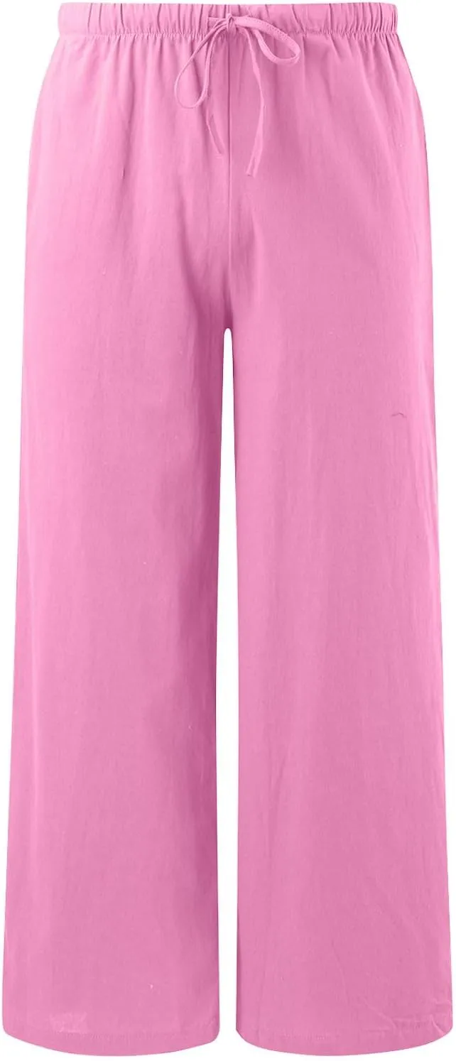 Womens Cotton Linen Palazzo Pants Drawstring Elastic Waist Casual Wide Leg Trousers Summer Beach Flowy Pants Pockets