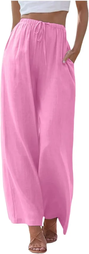 Womens Cotton Linen Palazzo Pants Drawstring Elastic Waist Casual Wide Leg Trousers Summer Beach Flowy Pants Pockets