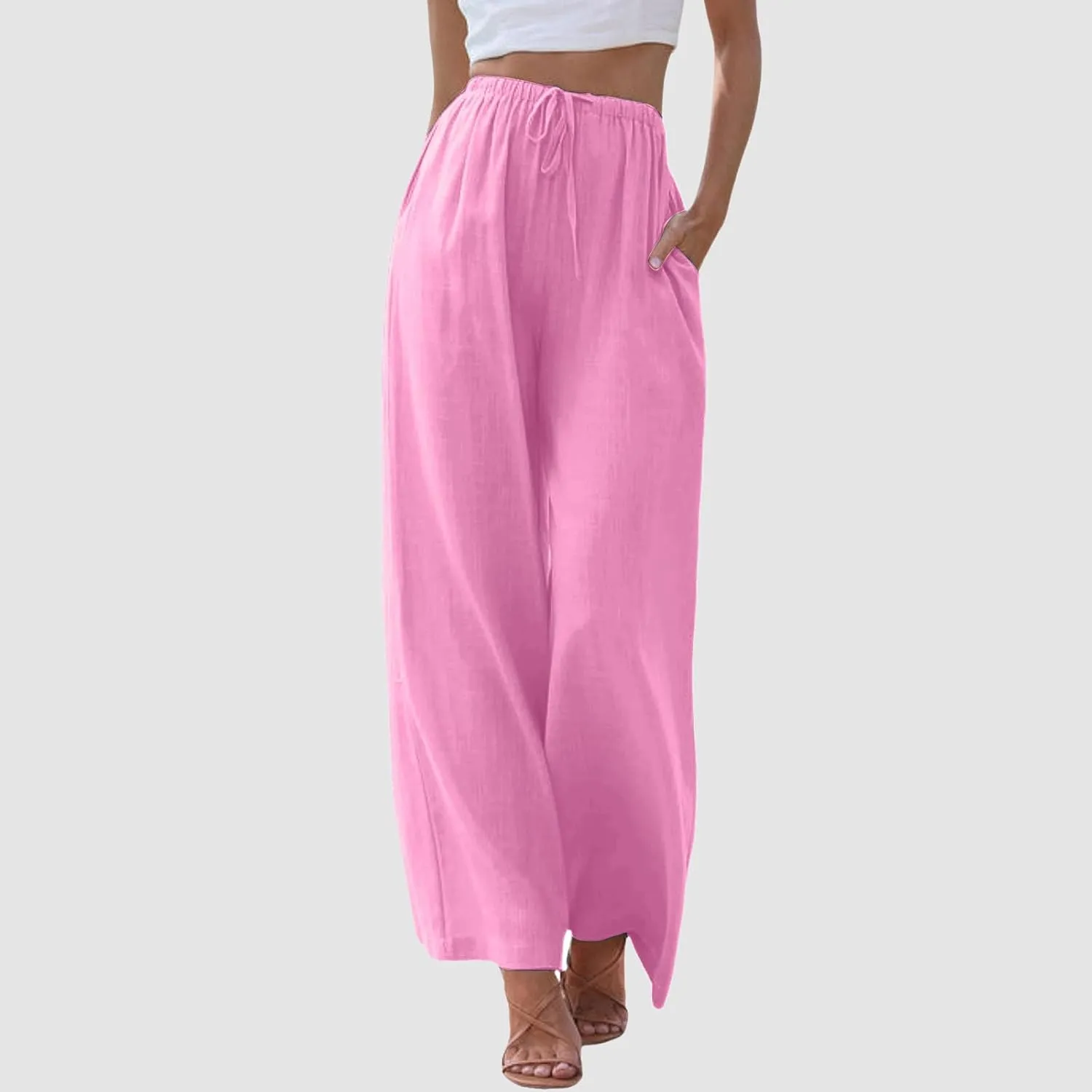 Womens Cotton Linen Palazzo Pants Drawstring Elastic Waist Casual Wide Leg Trousers Summer Beach Flowy Pants Pockets