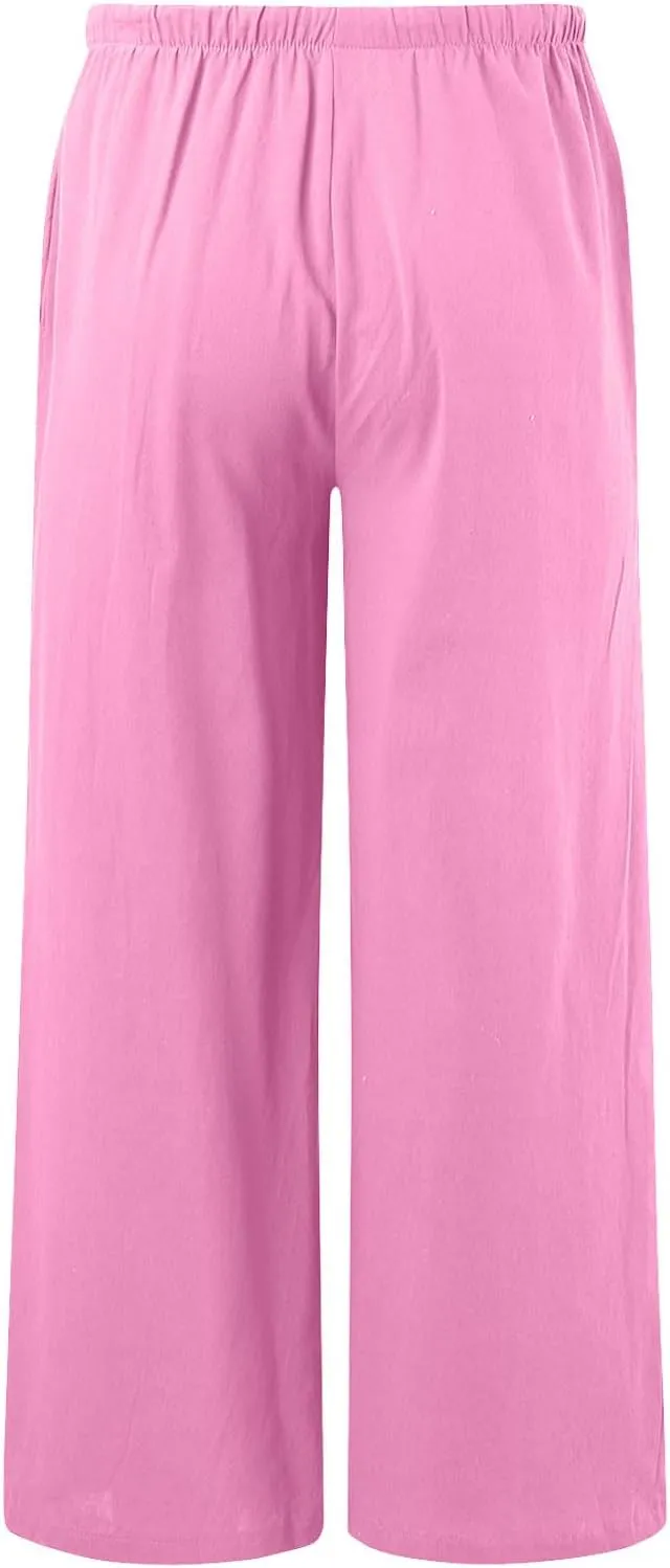 Womens Cotton Linen Palazzo Pants Drawstring Elastic Waist Casual Wide Leg Trousers Summer Beach Flowy Pants Pockets