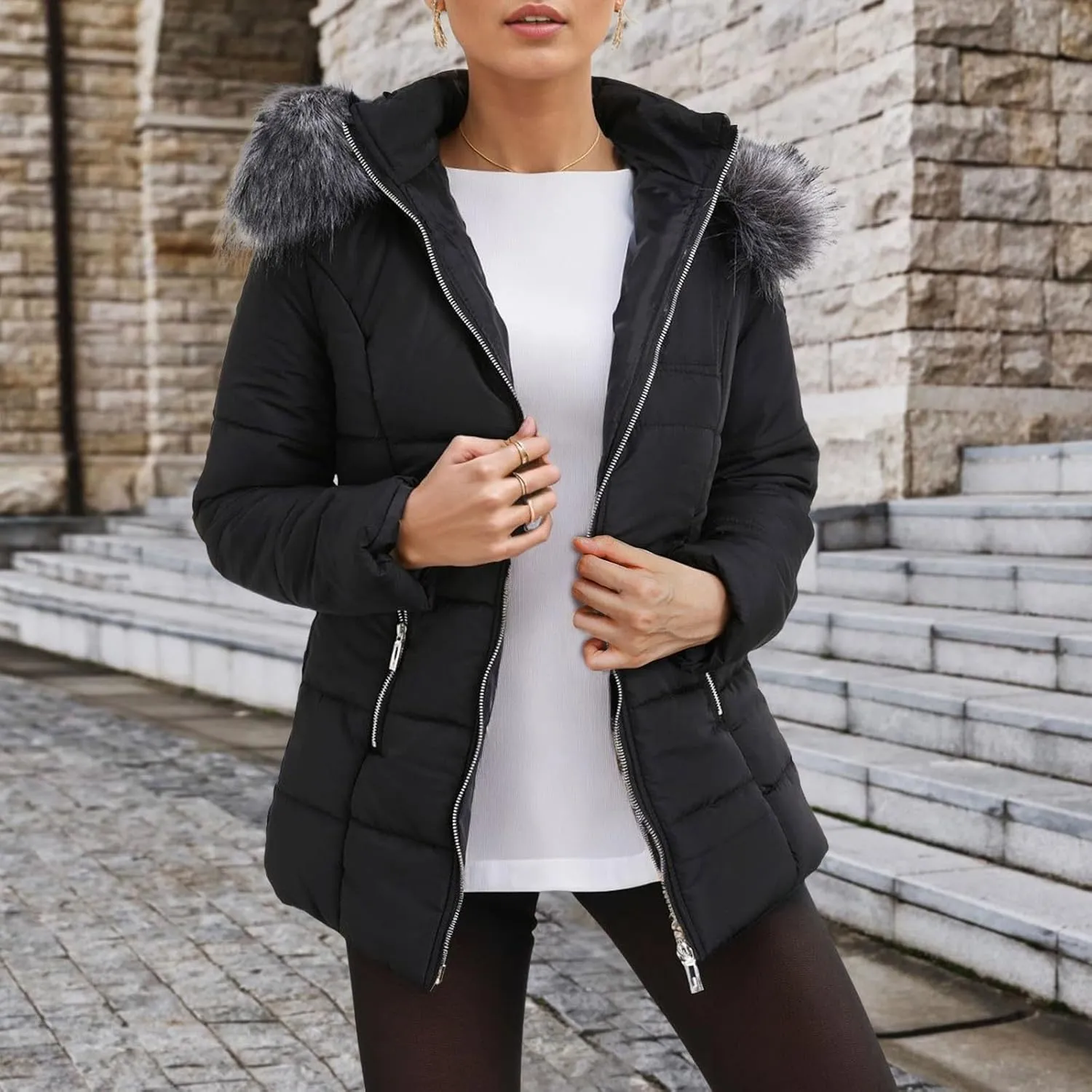 Womens Elegant Temperament Solid Puffer Coat Long Sleeve Zipper Down Coat Insulated Casual Fitted Overcoat Winter Suits