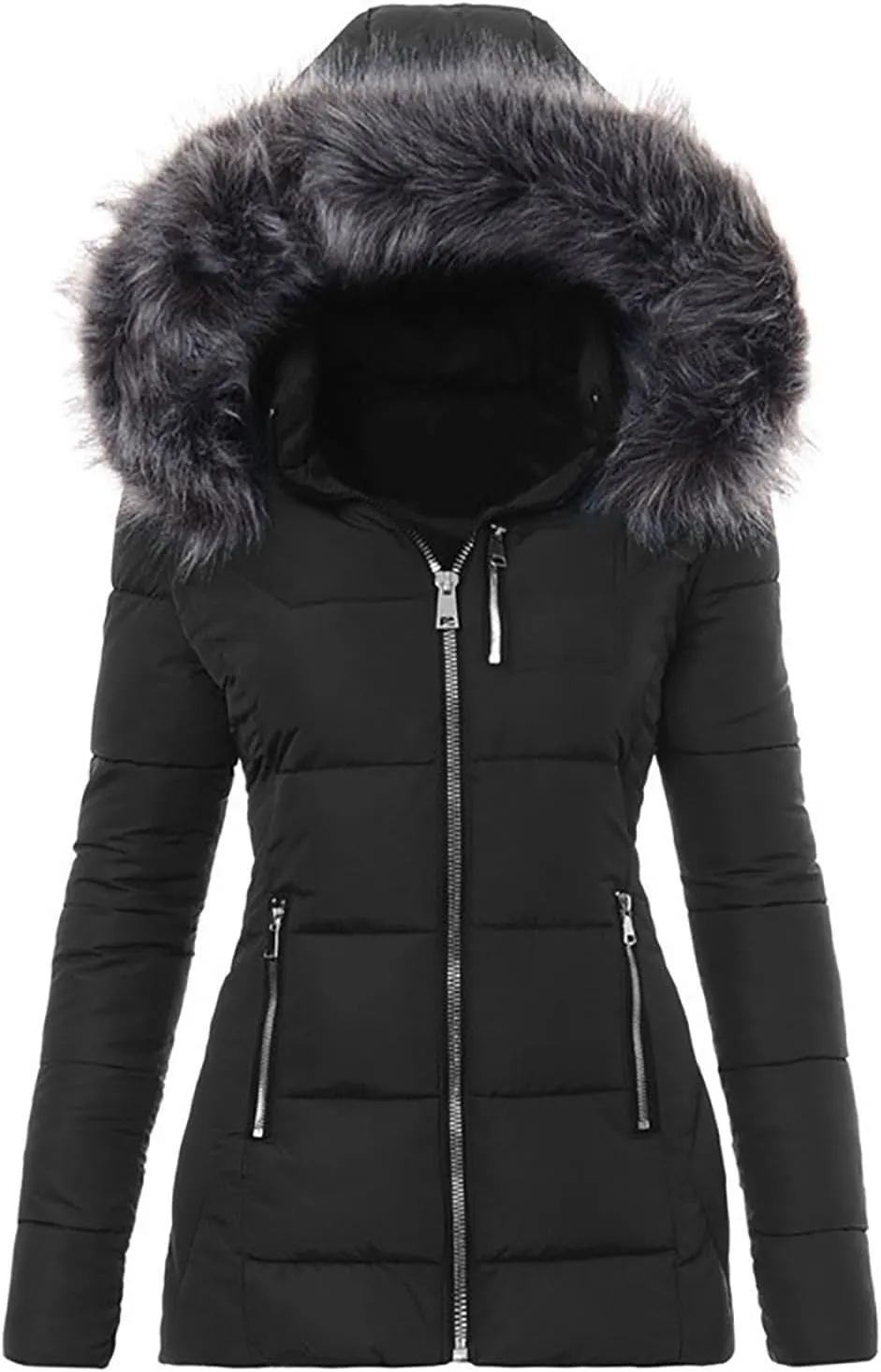 Womens Elegant Temperament Solid Puffer Coat Long Sleeve Zipper Down Coat Insulated Casual Fitted Overcoat Winter Suits