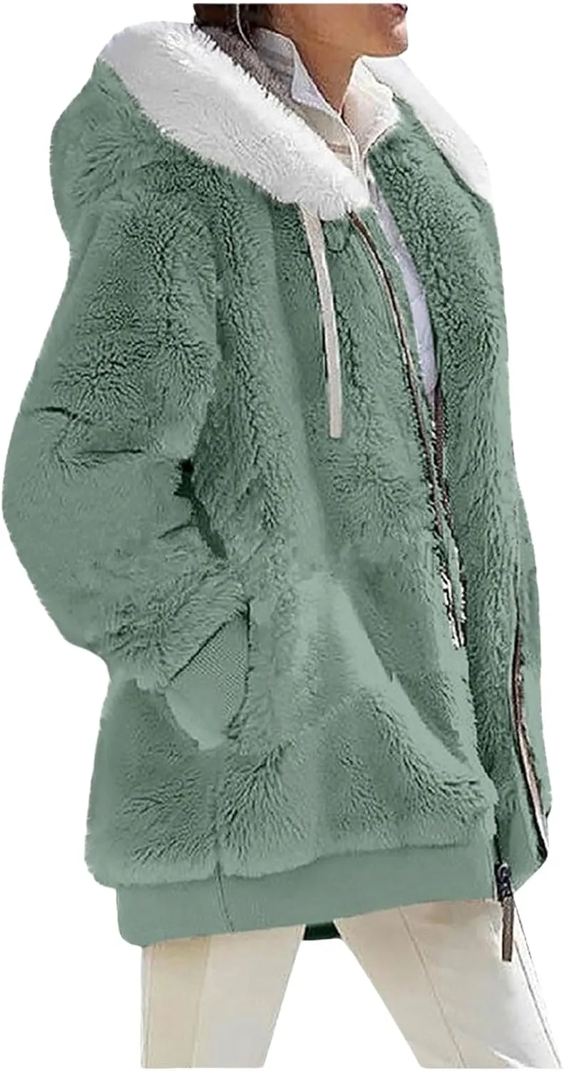 Womens Faux Fur Coat Fleece Hoodies Long Sleeve Hooded Jackets Soild Color Sherpa Lined Thick Coats