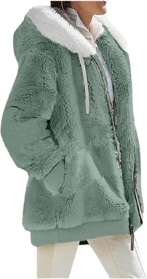 Womens Faux Fur Coat Fleece Hoodies Long Sleeve Hooded Jackets Soild Color Sherpa Lined Thick Coats