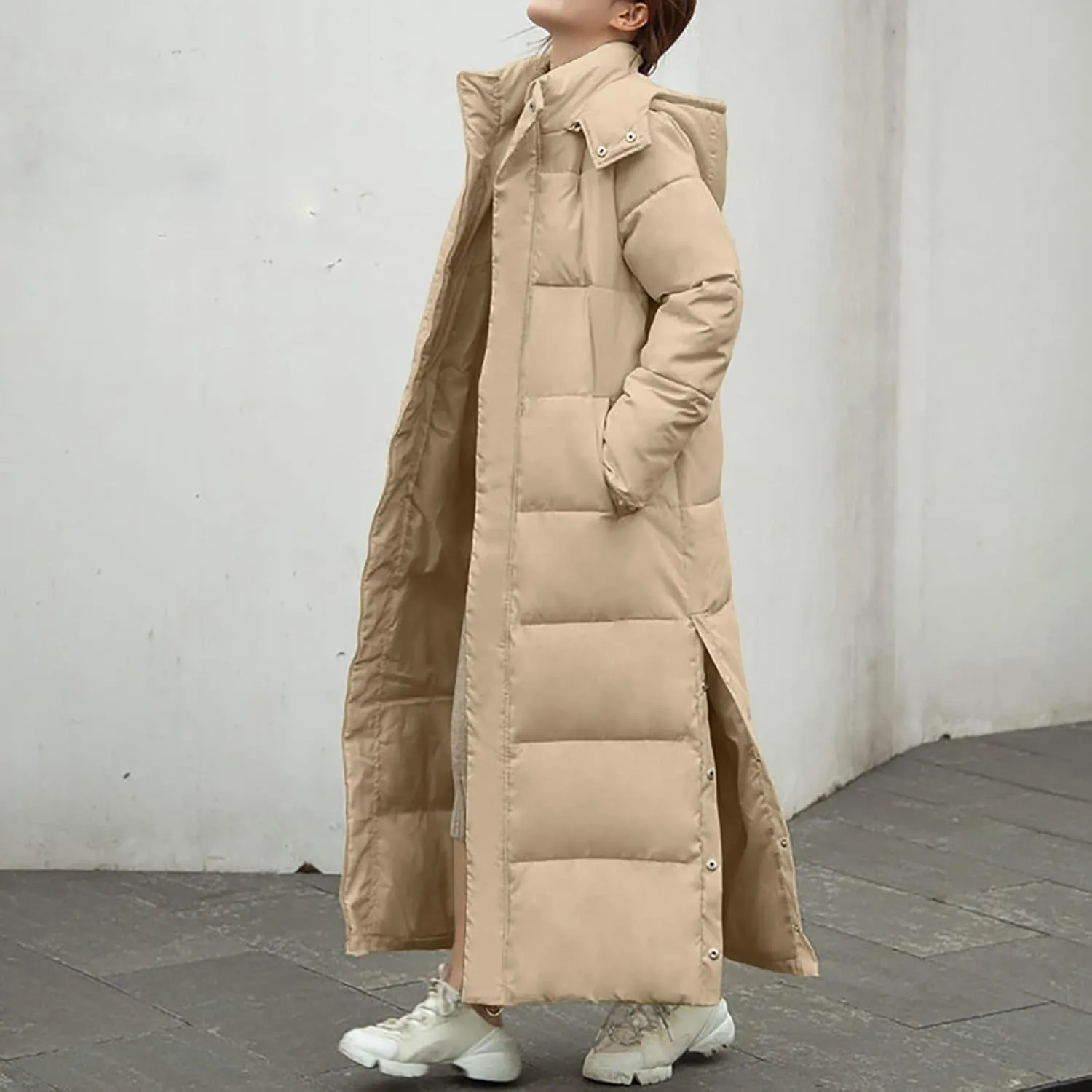 Women's Full Length Winter Warm Puffer Coats Side Split Stand Collar Down Jackets Windproof Outerwear with Pockets