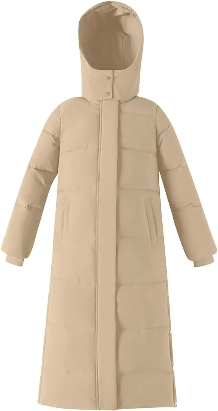 Women's Full Length Winter Warm Puffer Coats Side Split Stand Collar Down Jackets Windproof Outerwear with Pockets