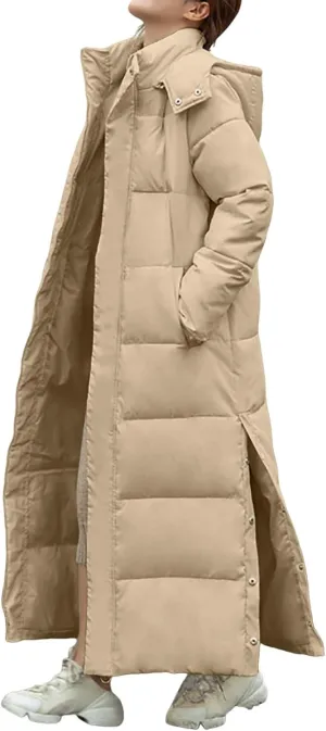 Women's Full Length Winter Warm Puffer Coats Side Split Stand Collar Down Jackets Windproof Outerwear with Pockets