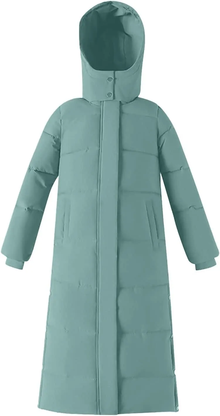 Women's Full Length Winter Warm Puffer Coats Side Split Stand Collar Down Jackets Windproof Outerwear with Pockets