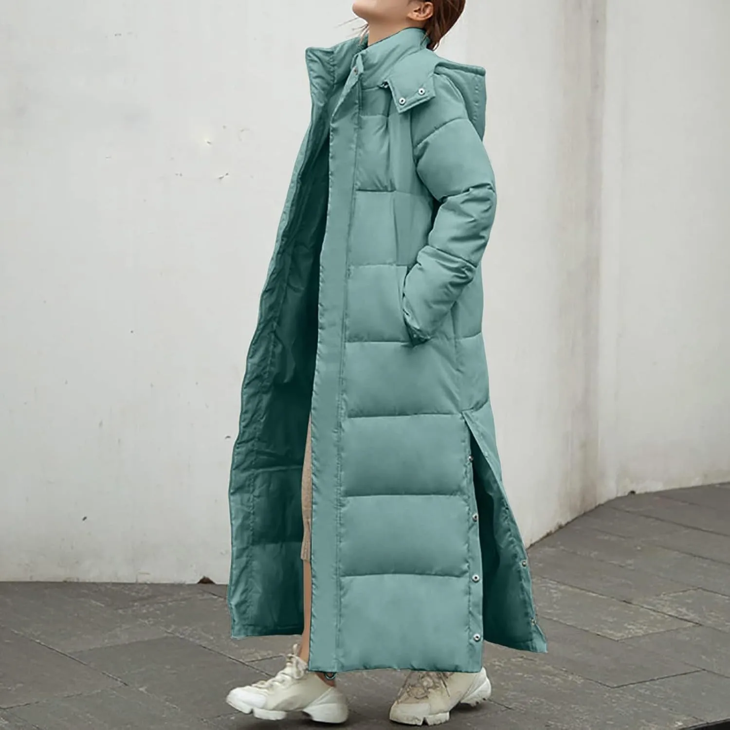 Women's Full Length Winter Warm Puffer Coats Side Split Stand Collar Down Jackets Windproof Outerwear with Pockets