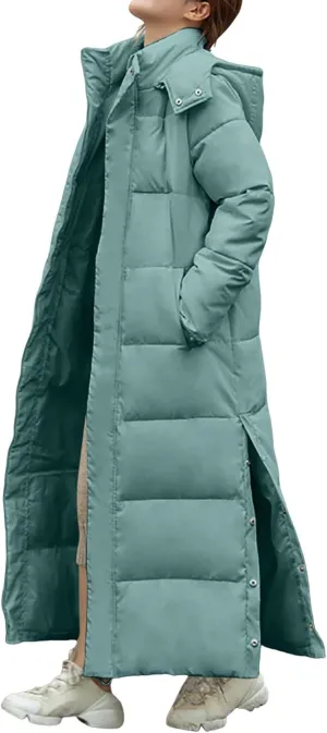 Women's Full Length Winter Warm Puffer Coats Side Split Stand Collar Down Jackets Windproof Outerwear with Pockets