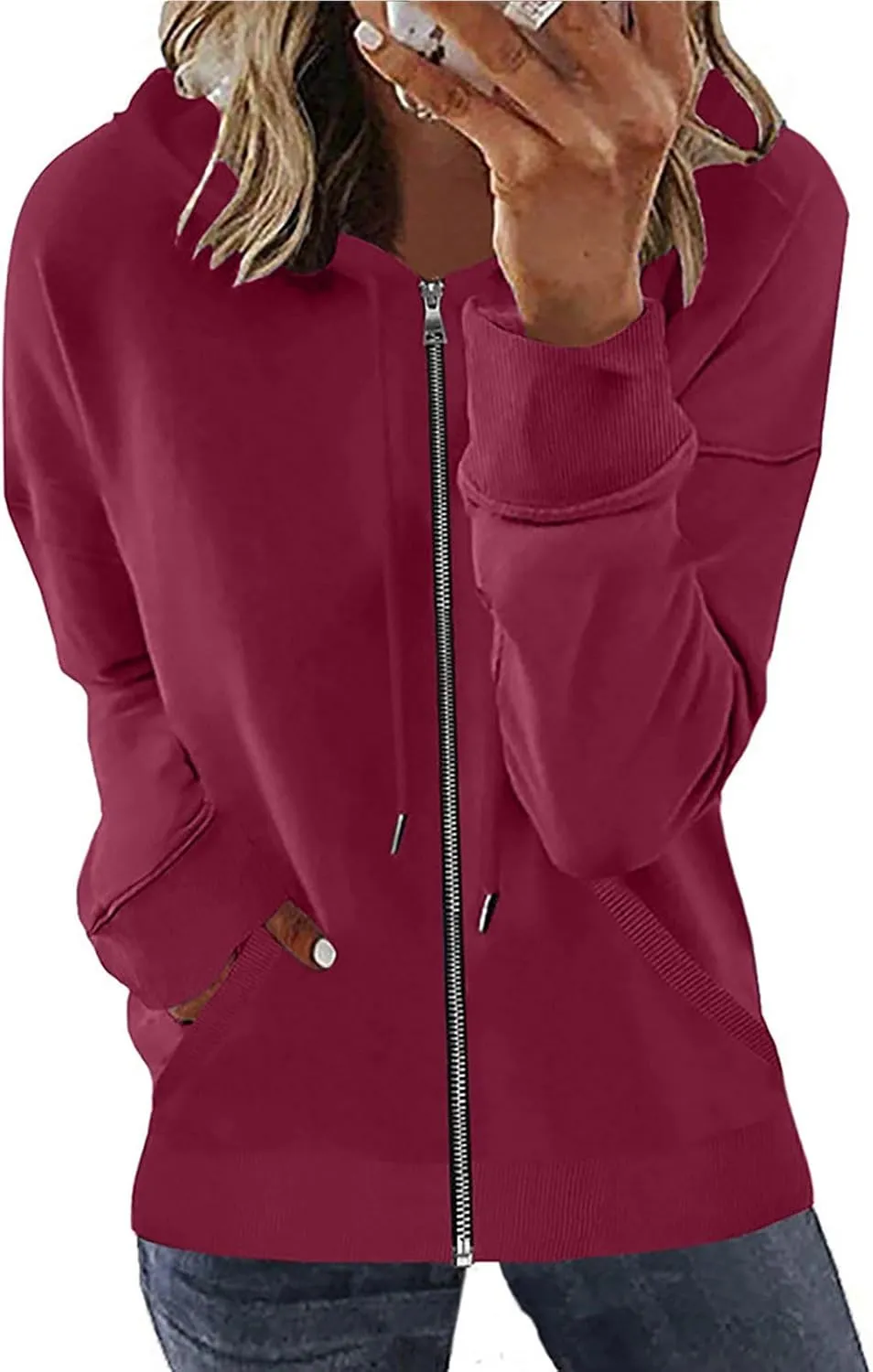 Womens Full Zip Up Hoodies Trendy 2023 Lightweight Fall Jackets Long Sleeve Solid Tunic Tops Hooded Zipper Sweatshirts