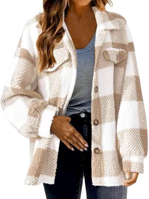 Womens Fuzzy Flannel Jackets Fall Fashion Sherpa Lined Plaid Shacket Jacket Long Sleeve Button Down Fleece Hoodies