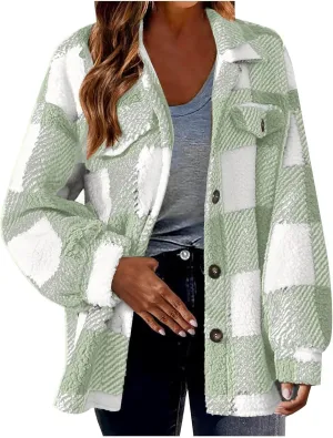 Womens Fuzzy Flannel Jackets Fall Fashion Sherpa Lined Plaid Shacket Jacket Long Sleeve Button Down Fleece Hoodies