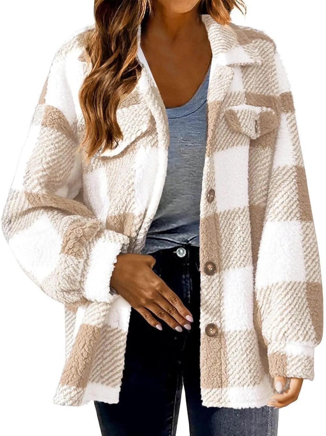 Womens Fuzzy Flannel Jackets Fall Fashion Sherpa Lined Plaid Shacket Jacket Long Sleeve Button Down Fleece Hoodies