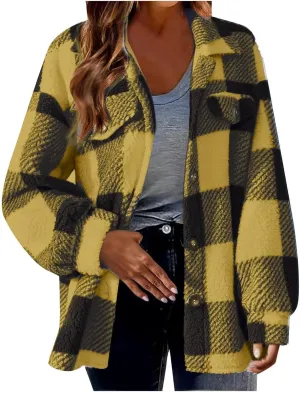 Womens Fuzzy Flannel Jackets Fall Fashion Sherpa Lined Plaid Shacket Jacket Long Sleeve Button Down Fleece Hoodies