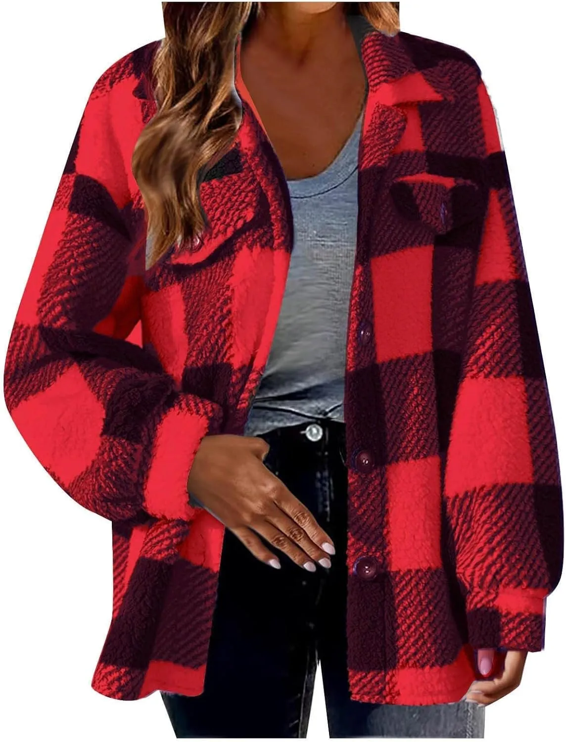 Womens Fuzzy Flannel Jackets Fall Fashion Sherpa Lined Plaid Shacket Jacket Long Sleeve Button Down Fleece Hoodies