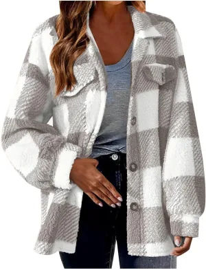 Womens Fuzzy Flannel Jackets Fall Fashion Sherpa Lined Plaid Shacket Jacket Long Sleeve Button Down Fleece Hoodies