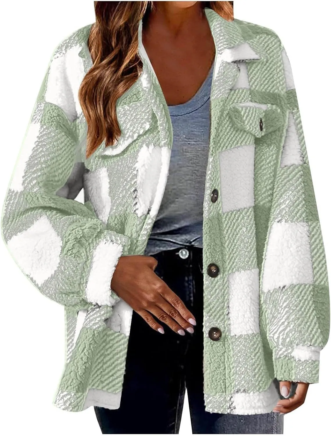 Womens Fuzzy Flannel Jackets Fall Fashion Sherpa Lined Plaid Shacket Jacket Long Sleeve Button Down Fleece Hoodies