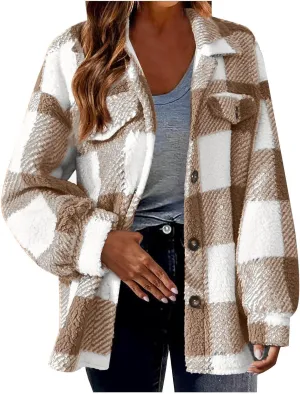 Womens Fuzzy Flannel Jackets Fall Fashion Sherpa Lined Plaid Shacket Jacket Long Sleeve Button Down Fleece Hoodies