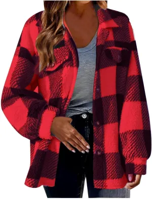 Womens Fuzzy Flannel Jackets Fall Fashion Sherpa Lined Plaid Shacket Jacket Long Sleeve Button Down Fleece Hoodies