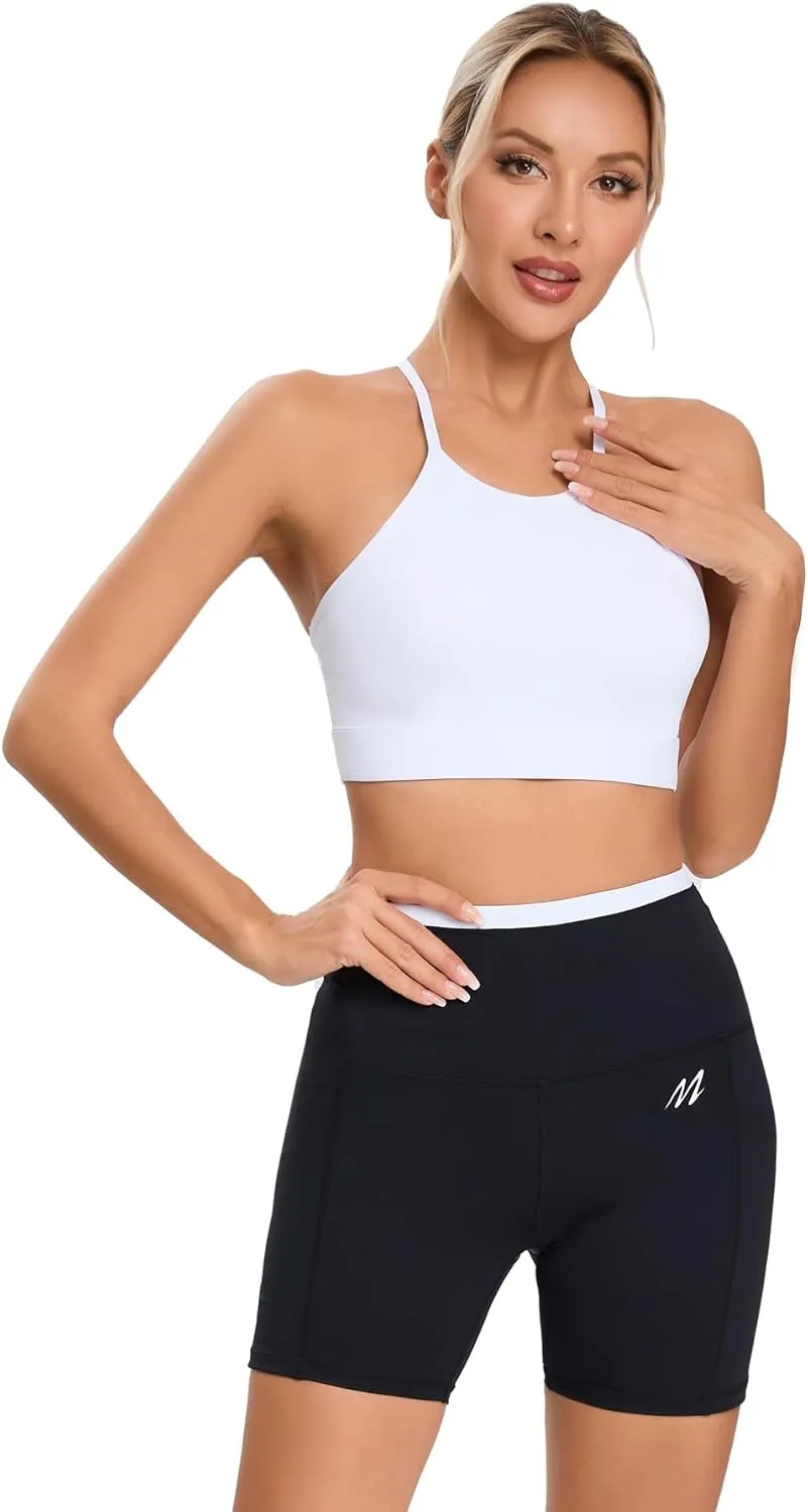 Women's High Neck Spaghetti Strap Halter Sports Bra Racerback Y Back Yoga Bra Fitness Workout Crop Tank Bra