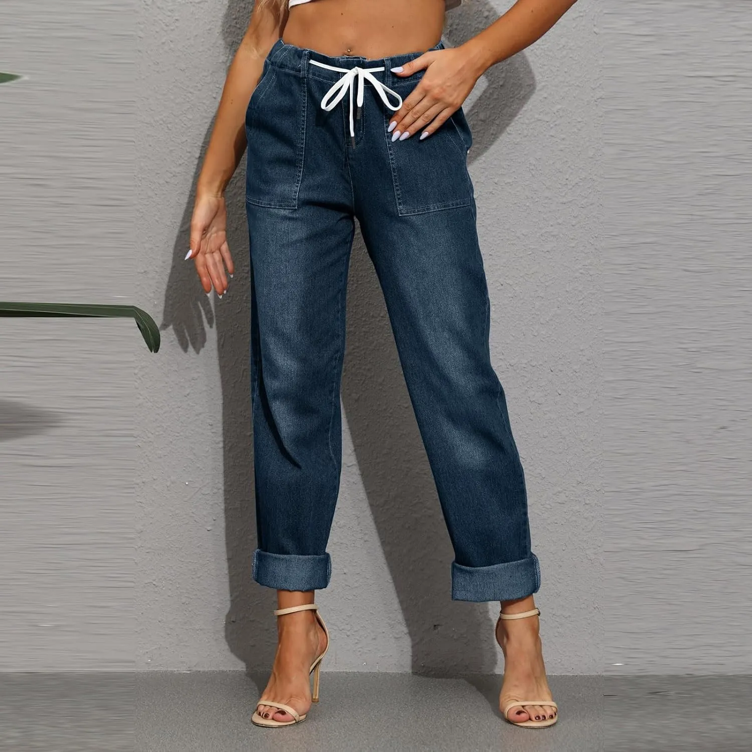 Womens Jeans Women's Trendy Casual Solid Color Jean Drawstring High Waisted Straight Wide Leg Denim Pants with Pocket