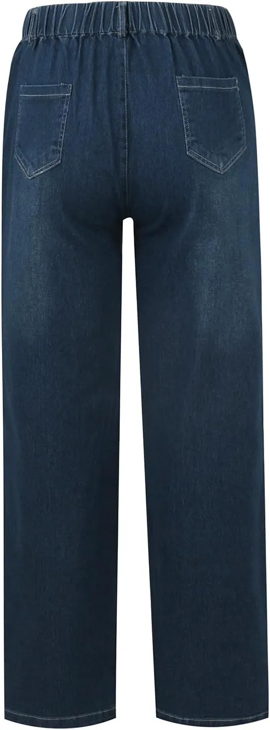 Womens Jeans Women's Trendy Casual Solid Color Jean Drawstring High Waisted Straight Wide Leg Denim Pants with Pocket