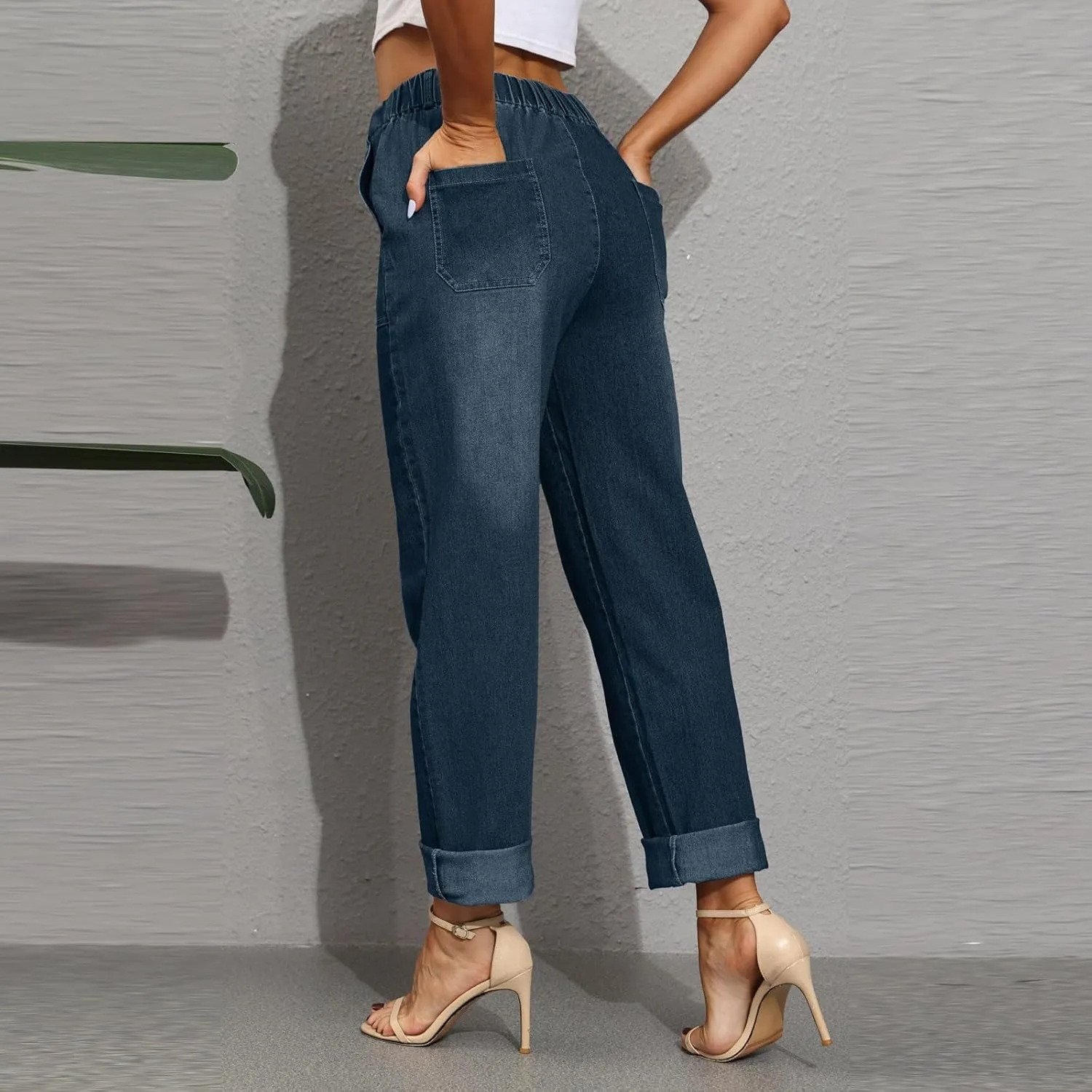Womens Jeans Women's Trendy Casual Solid Color Jean Drawstring High Waisted Straight Wide Leg Denim Pants with Pocket