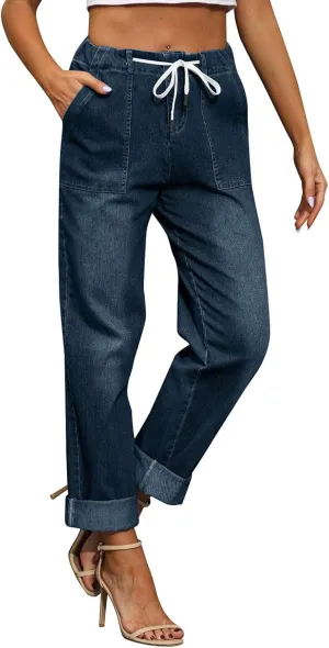 Womens Jeans Women's Trendy Casual Solid Color Jean Drawstring High Waisted Straight Wide Leg Denim Pants with Pocket