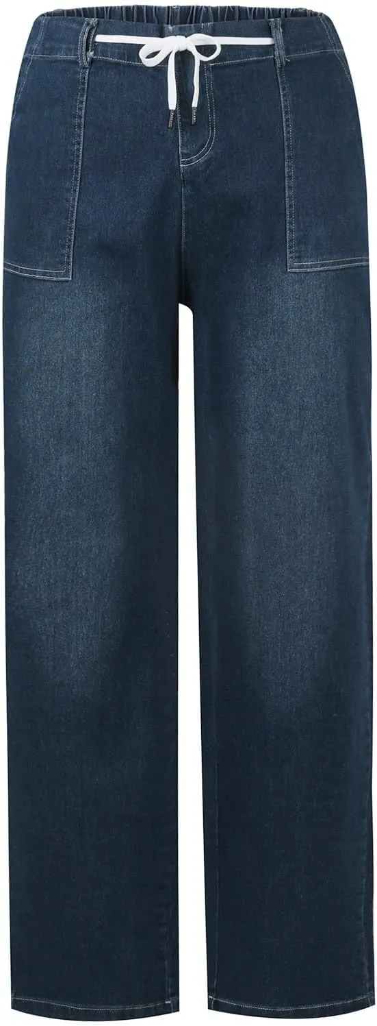 Womens Jeans Women's Trendy Casual Solid Color Jean Drawstring High Waisted Straight Wide Leg Denim Pants with Pocket