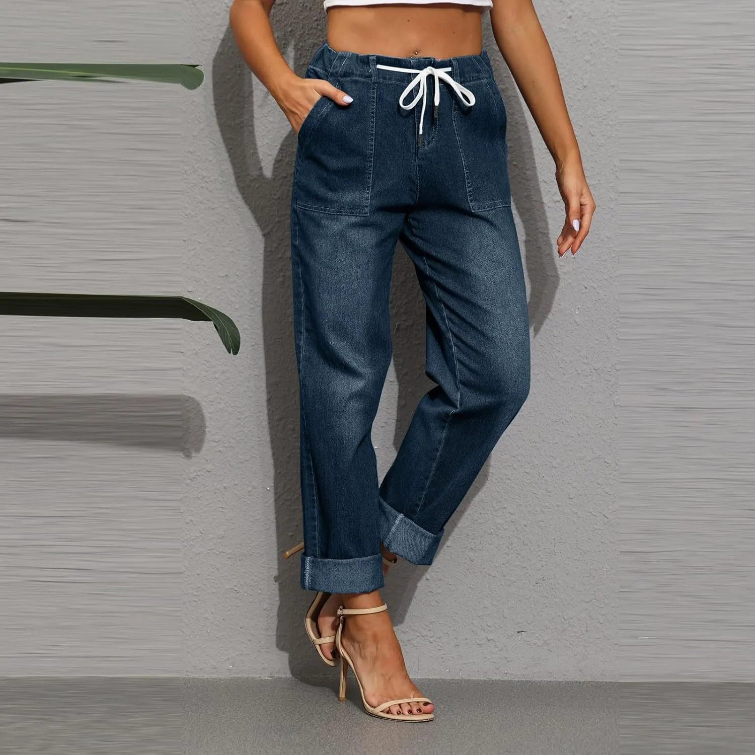 Womens Jeans Women's Trendy Casual Solid Color Jean Drawstring High Waisted Straight Wide Leg Denim Pants with Pocket