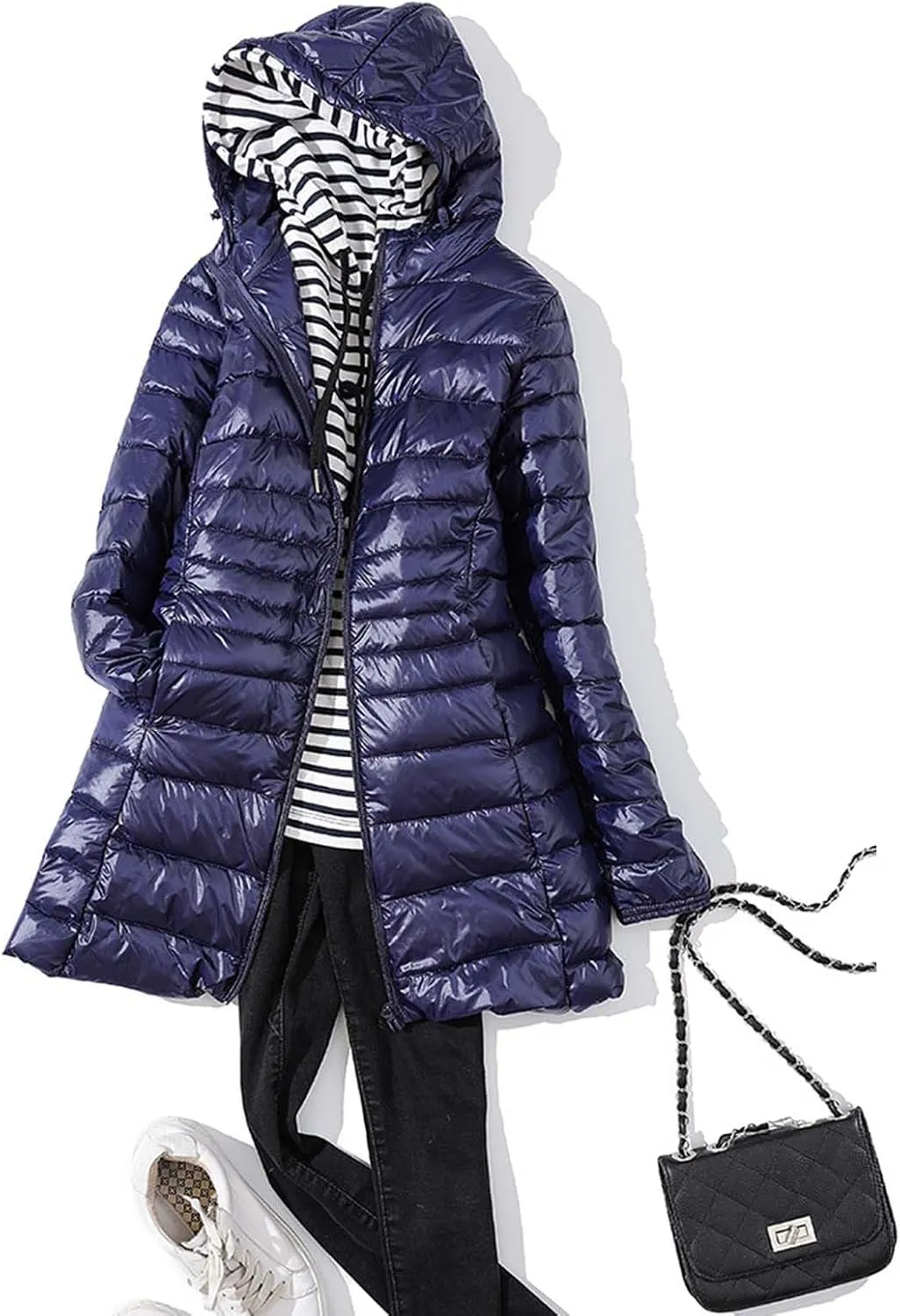 Women's Lightweight Down Jackets Hooded Drawstring Packable Puffer Jacket Windproof Warm Long Puffer 2024 Winter Coat