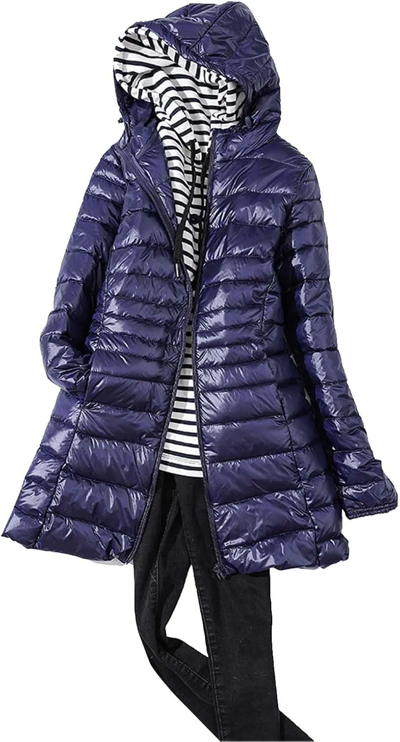 Women's Lightweight Down Jackets Hooded Drawstring Packable Puffer Jacket Windproof Warm Long Puffer 2024 Winter Coat
