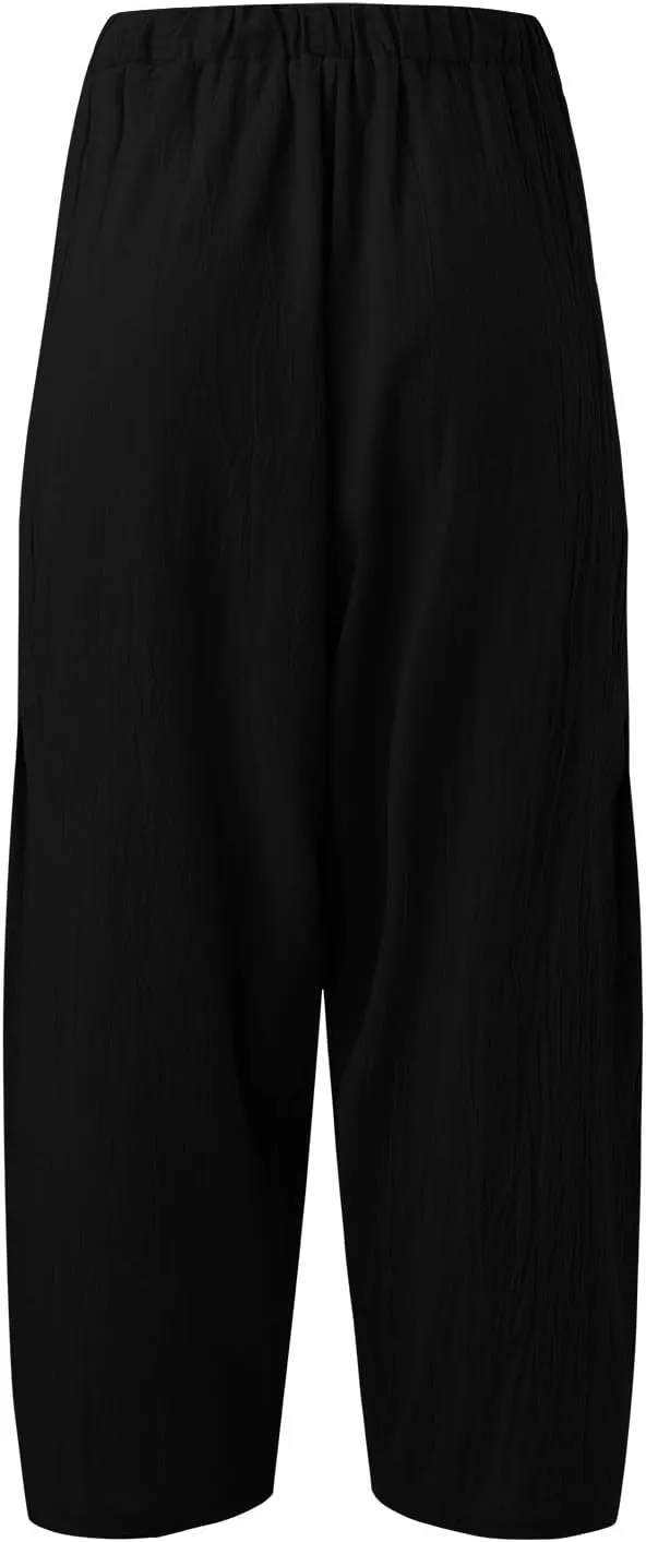 Womens Linen Summer Palazzo Palazzo Pants Low Waist Stretchy Straight Slim-Fit Pants Work Business