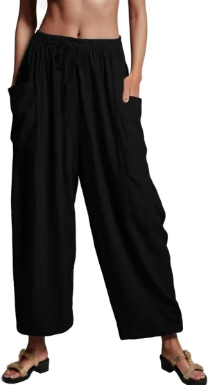 Womens Linen Summer Palazzo Palazzo Pants Low Waist Stretchy Straight Slim-Fit Pants Work Business