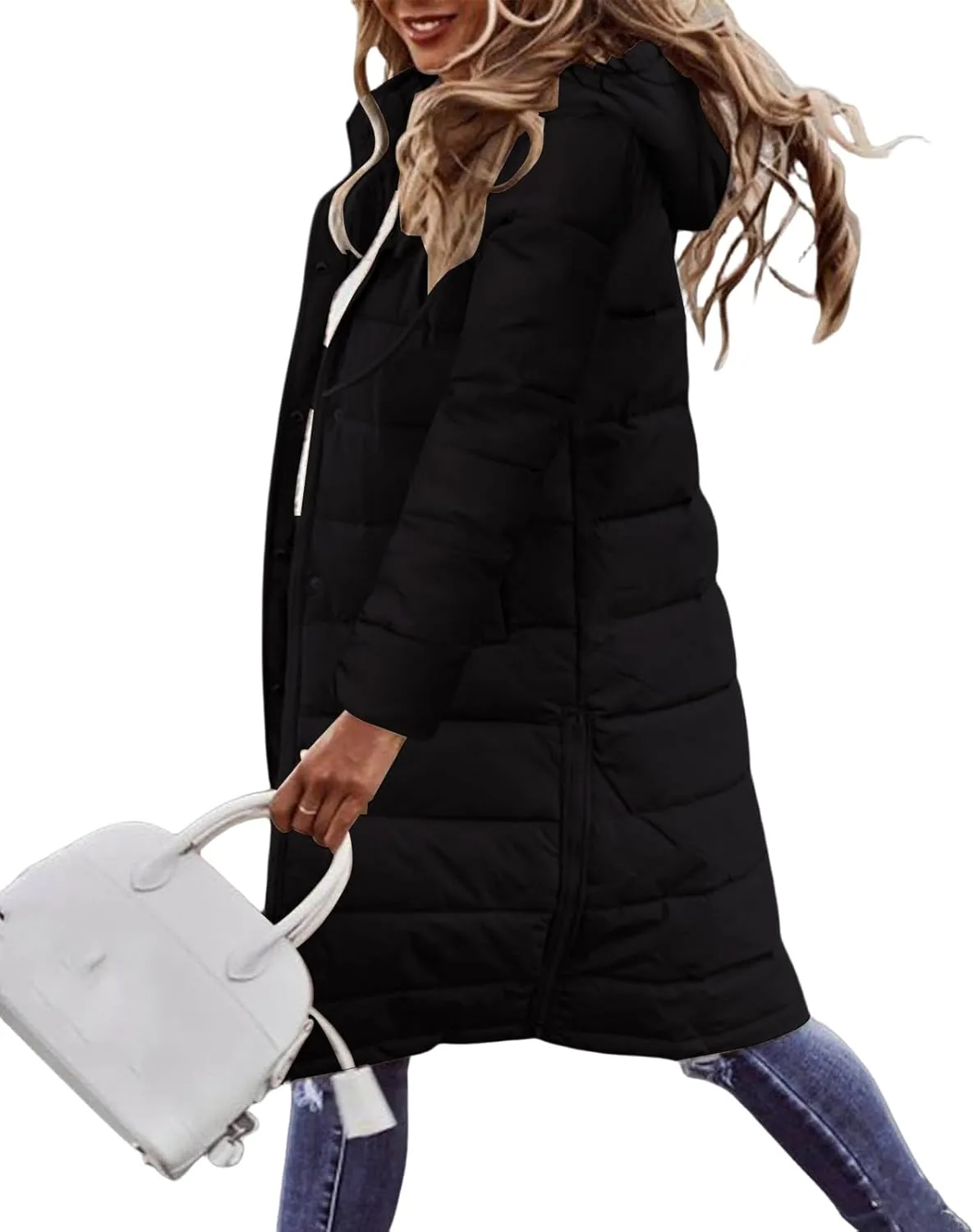 Womens Long Puffer Coats Long Sleeve Hooded Down Jacket Oversized Quilted Zip up Warm Winter Outwear with Pockets