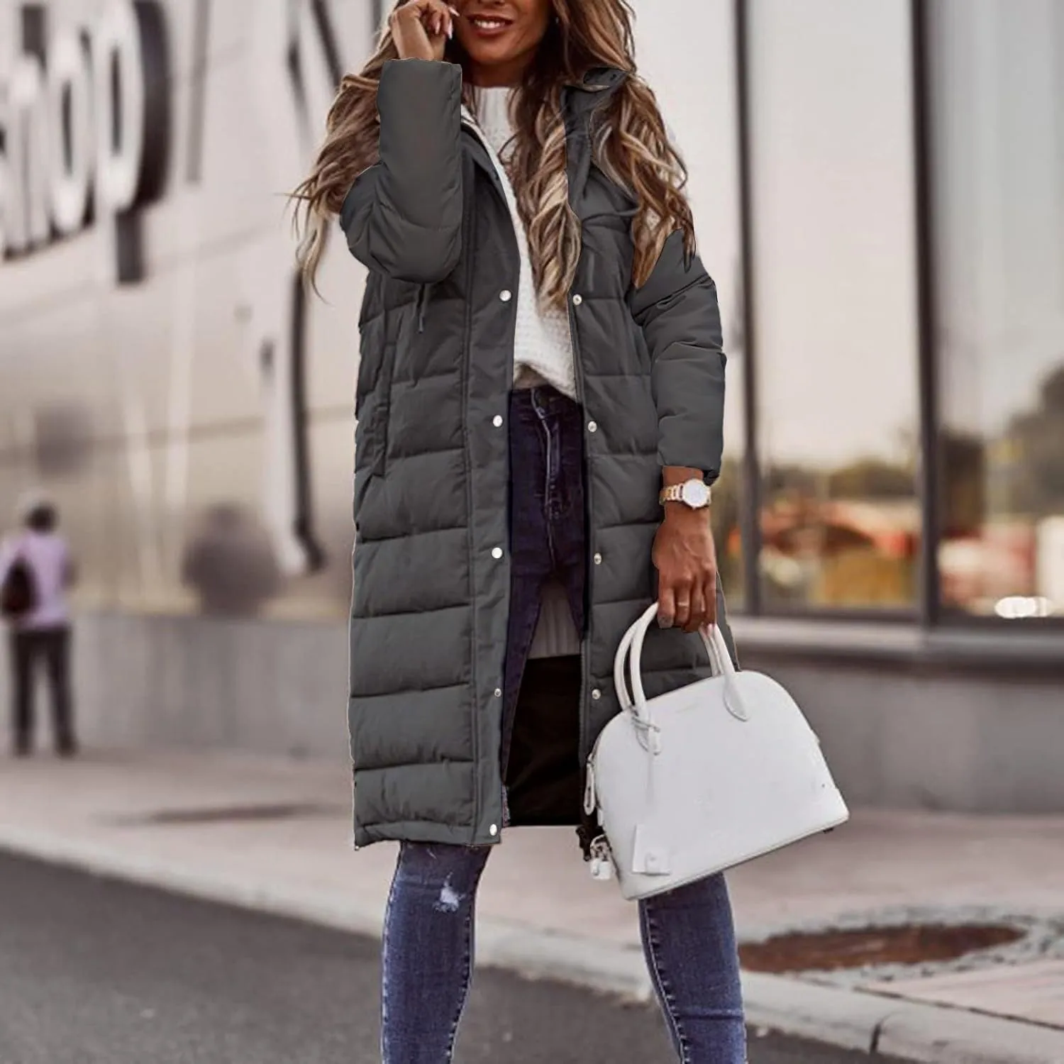 Womens Long Puffer Coats Long Sleeve Hooded Down Jacket Oversized Quilted Zip up Warm Winter Outwear with Pockets