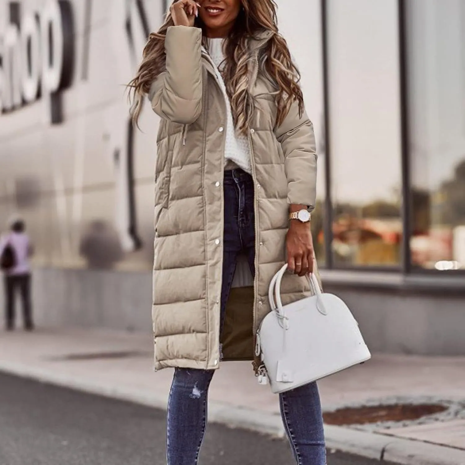 Womens Long Puffer Coats Long Sleeve Hooded Down Jacket Oversized Quilted Zip up Warm Winter Outwear with Pockets