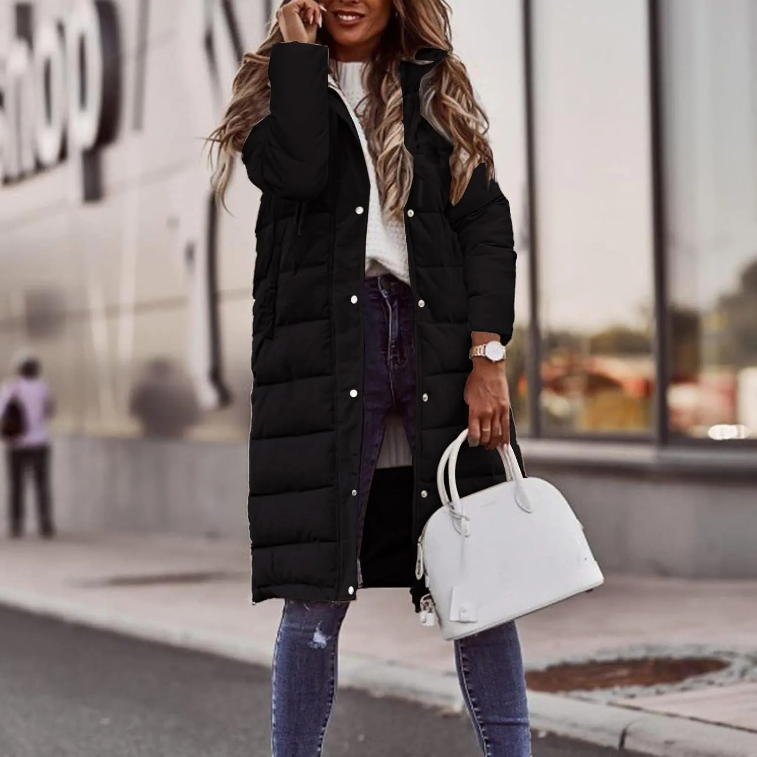 Womens Long Puffer Coats Long Sleeve Hooded Down Jacket Oversized Quilted Zip up Warm Winter Outwear with Pockets