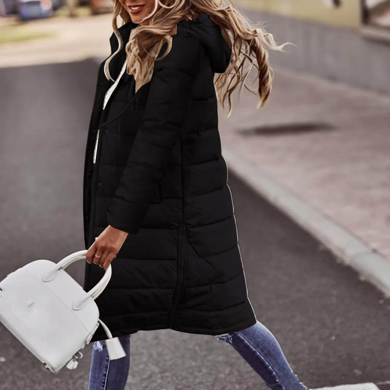 Womens Long Puffer Coats Long Sleeve Hooded Down Jacket Oversized Quilted Zip up Warm Winter Outwear with Pockets