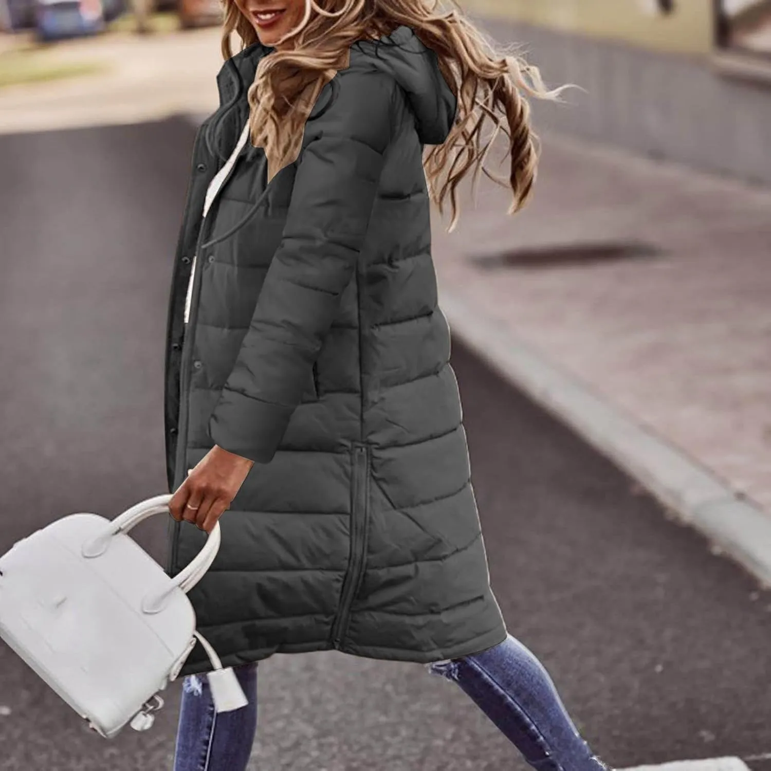 Womens Long Puffer Coats Long Sleeve Hooded Down Jacket Oversized Quilted Zip up Warm Winter Outwear with Pockets
