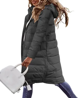 Womens Long Puffer Coats Long Sleeve Hooded Down Jacket Oversized Quilted Zip up Warm Winter Outwear with Pockets